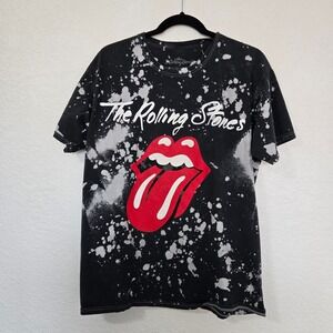 The Rolling Stones Graphic T-Shirt Black Bleach Splatter Acid Wash Rock Band Tee